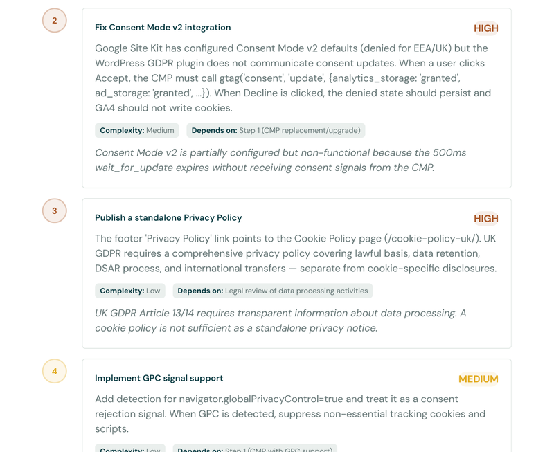 Visual 1-5 compliance level scale showing current level and target level with gap to bridge