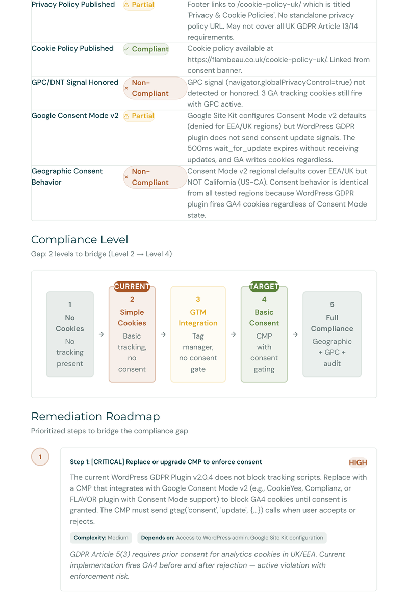 Compliance status table showing each check with Compliant, Non-Compliant, or Partial status and detailed notes