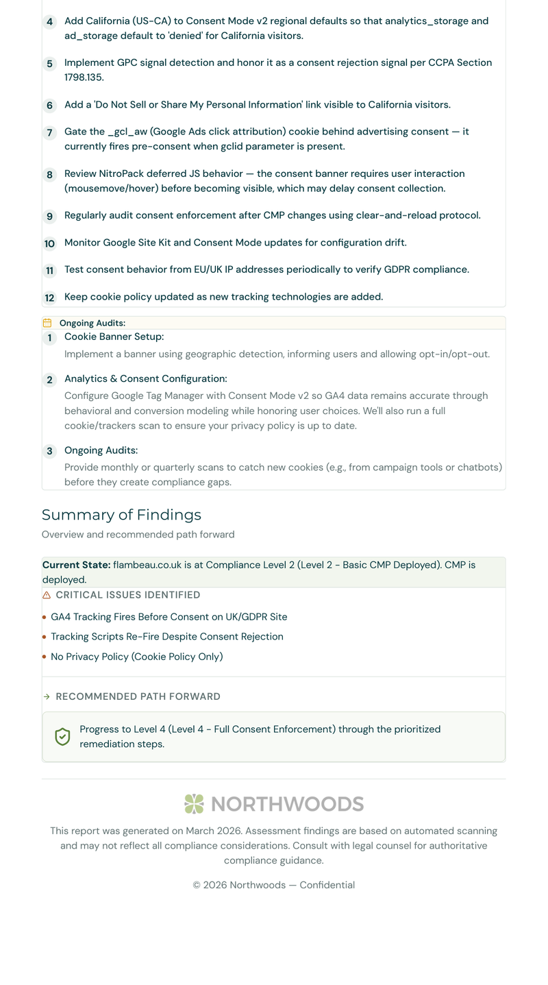 Critical compliance issues section with evidence, cookie names, script URLs, and HIGH RISK regulatory badges