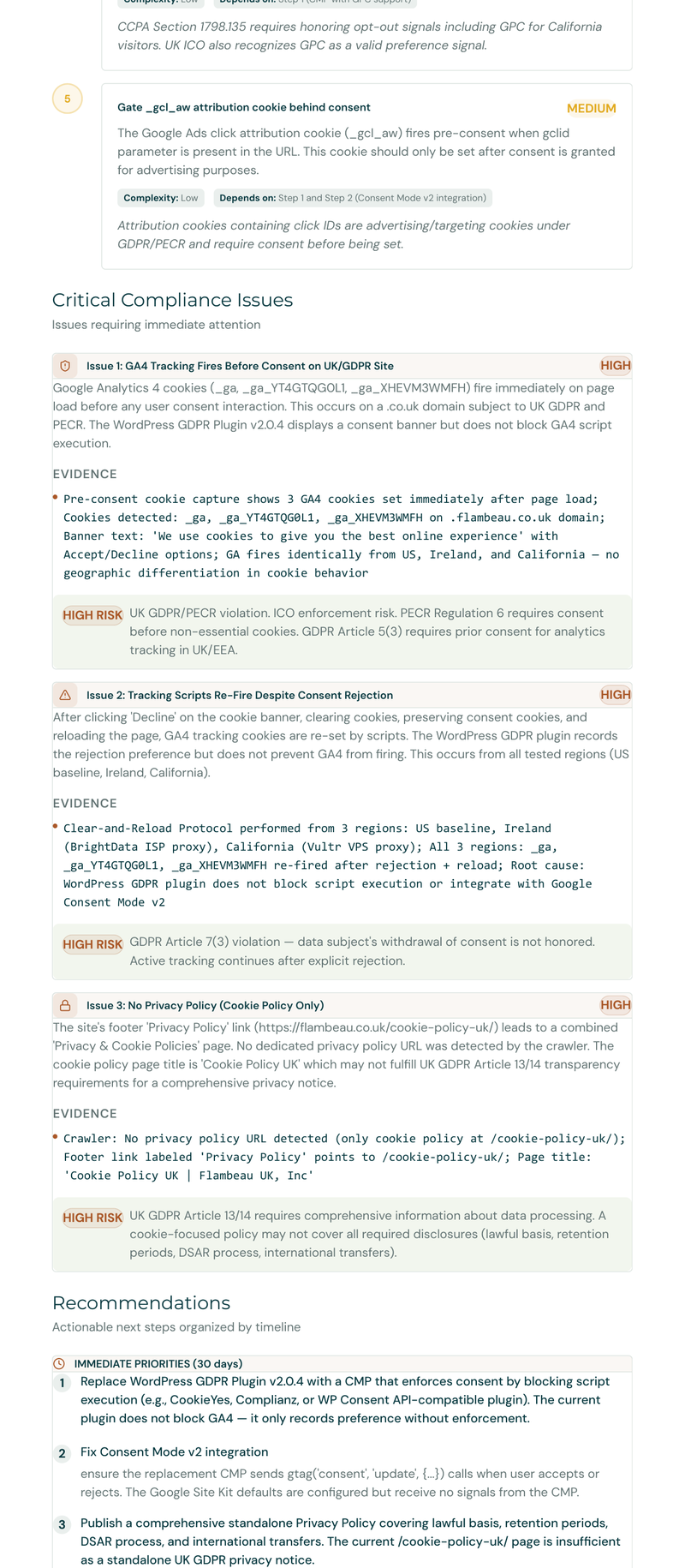 Numbered remediation steps with HIGH and MEDIUM priority labels, complexity ratings, dependencies, and regulatory rationale